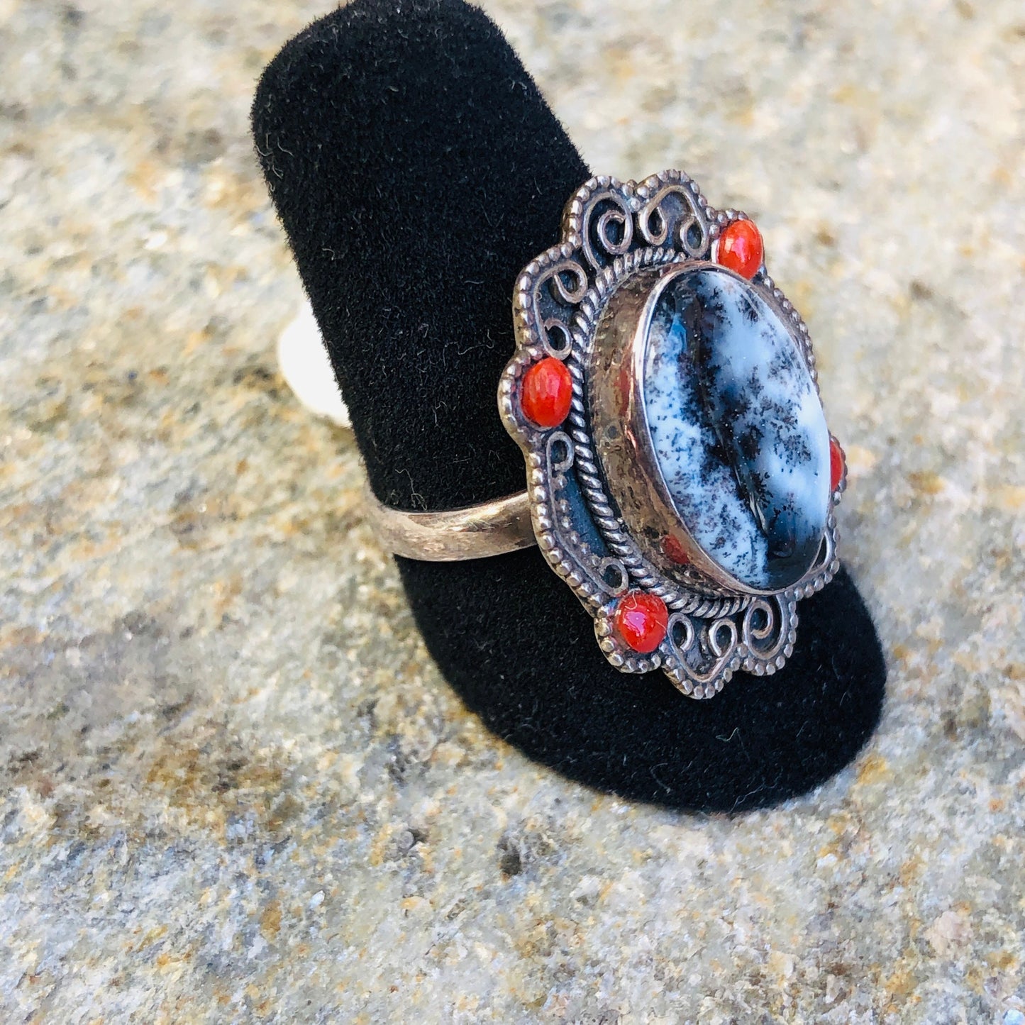 Sterling Silver Winter Dendrite Agate & Res Coral Gemstone Ring