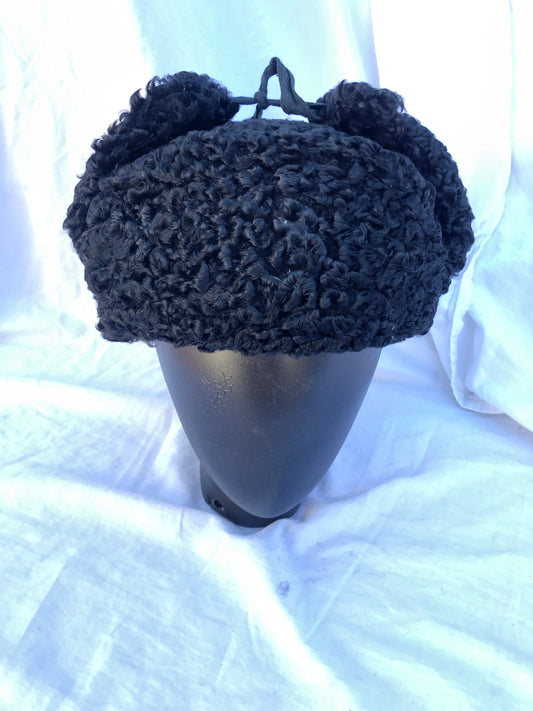 Vintage 1940’s Russian Lamb Wool Black Winter Trapper Hat NOS New Old Stock