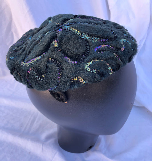 Hunter Green Fuzzy Fascinator Mini Hat with Aurora Borealis Rainbow Sequin Pattern