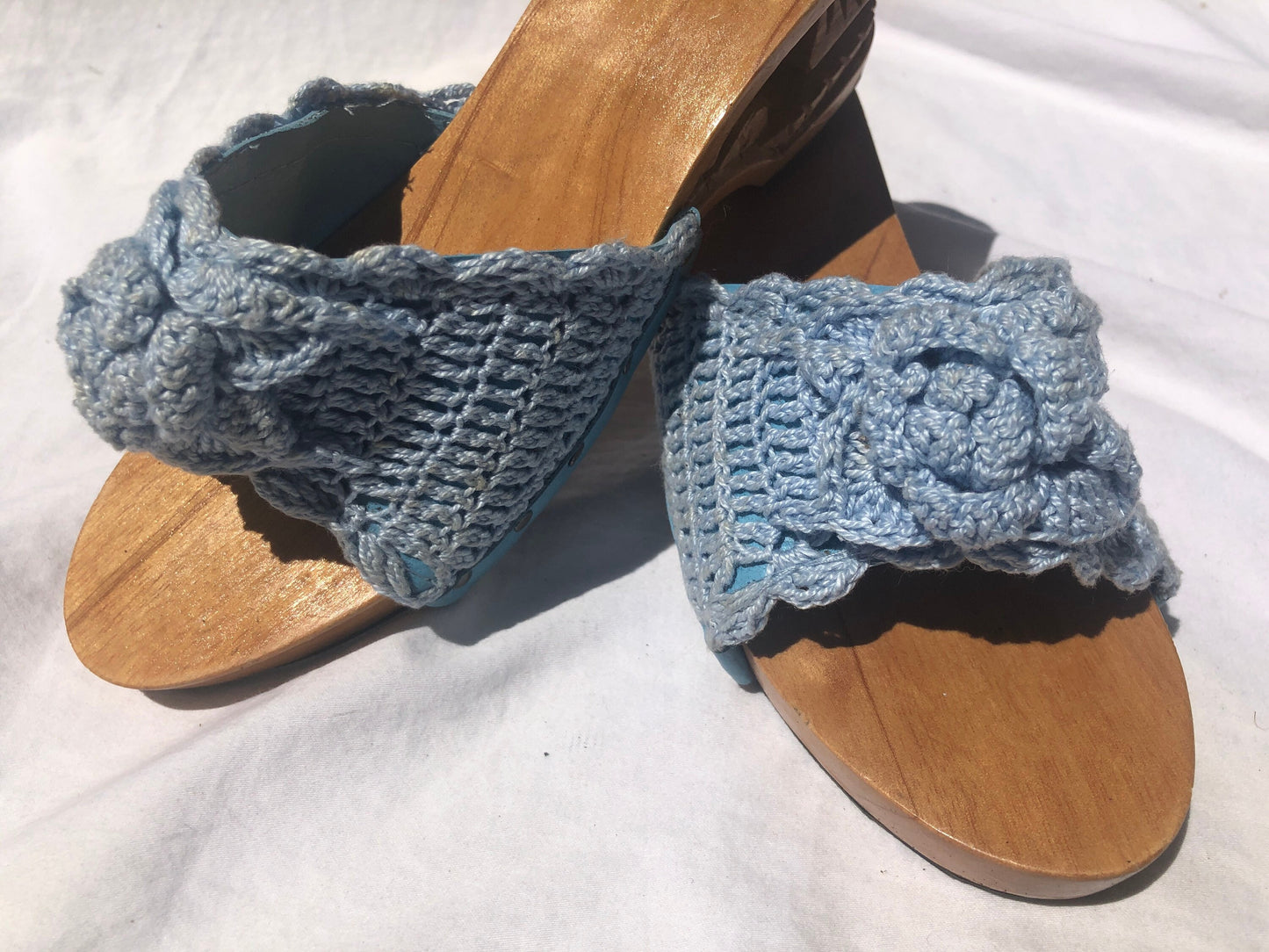 Vintage Carved Bamboo Pagoda Heel Wedges with Light Blue Knit Slides Size 5