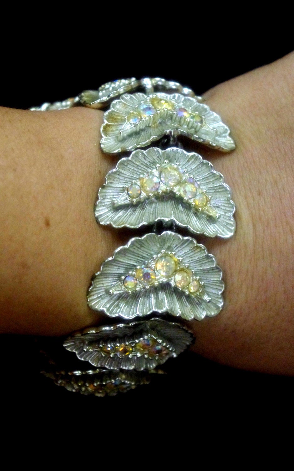 1940’s BSK Aurora Borealis Crystal Hollywood Regency Mid Century Silver Bracelet