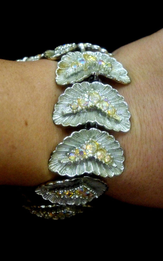 1940’s BSK Aurora Borealis Crystal Hollywood Regency Mid Century Silver Bracelet