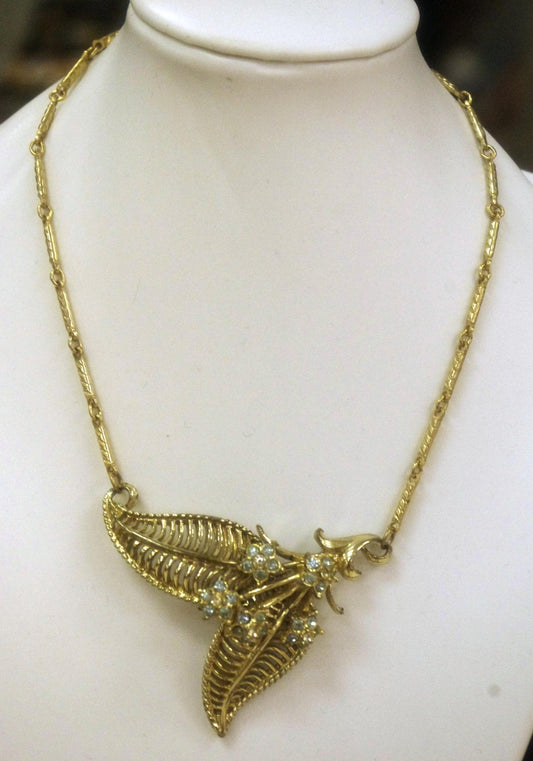 Art Deco Gilded Lavaliere Necklace with Blue Crystal Rhinestone Flower Pendant