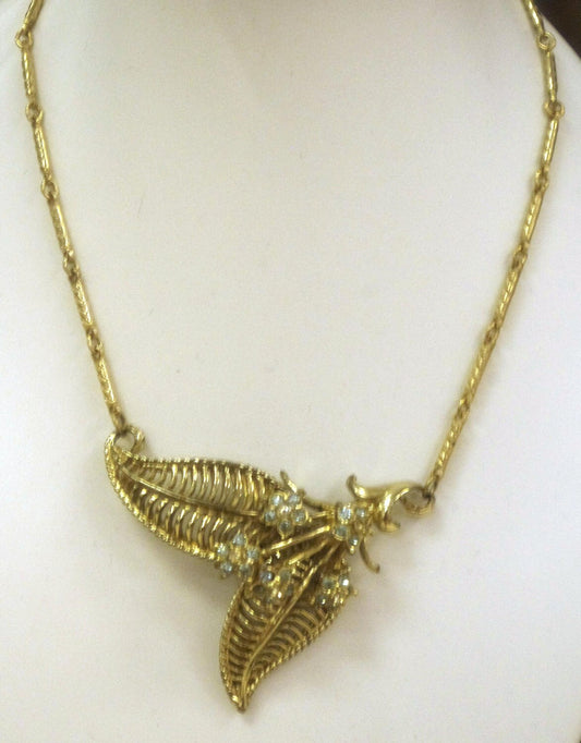 Art Deco Gilded Lavaliere Necklace with Blue Crystal Rhinestone Flower Pendant