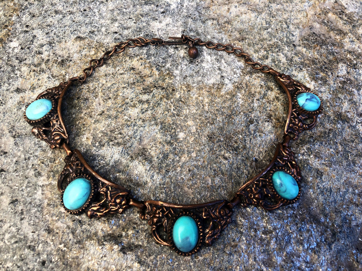 Vintage Renoir Cast Copper Link Marbled Celluloid Turquoise Panel Link Choker Necklace
