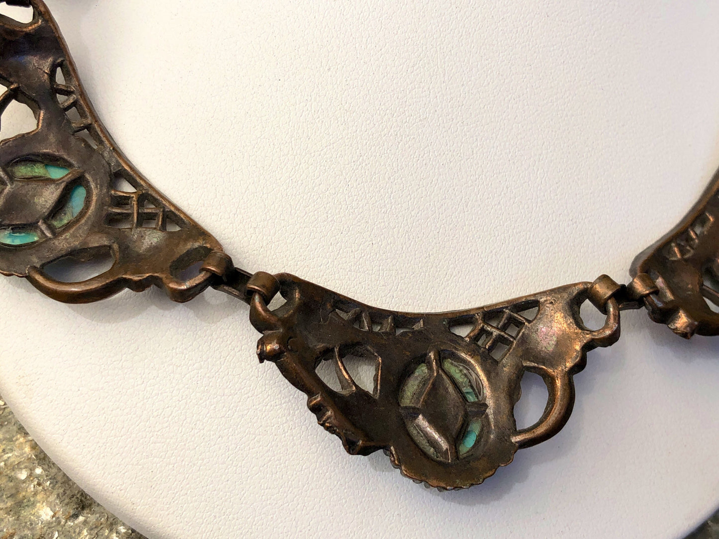 Vintage Renoir Cast Copper Link Marbled Celluloid Turquoise Panel Link Choker Necklace