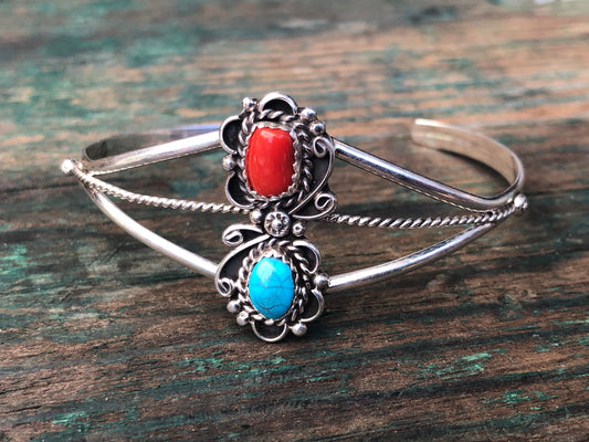 Vintage Native American Sterling Silver Turquoise & Red Coral Cuff Bracelet