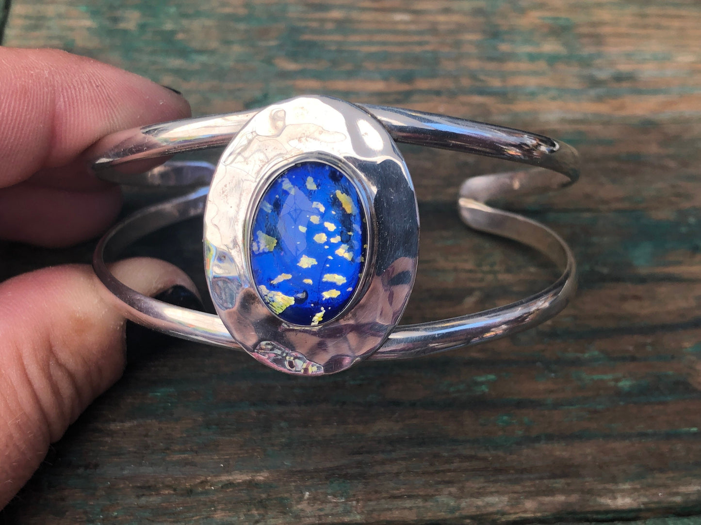 Blue Dragons Breath Fire Opal Dichroic Glass Sterling Silver Hammer Finish Cuff Bracelet