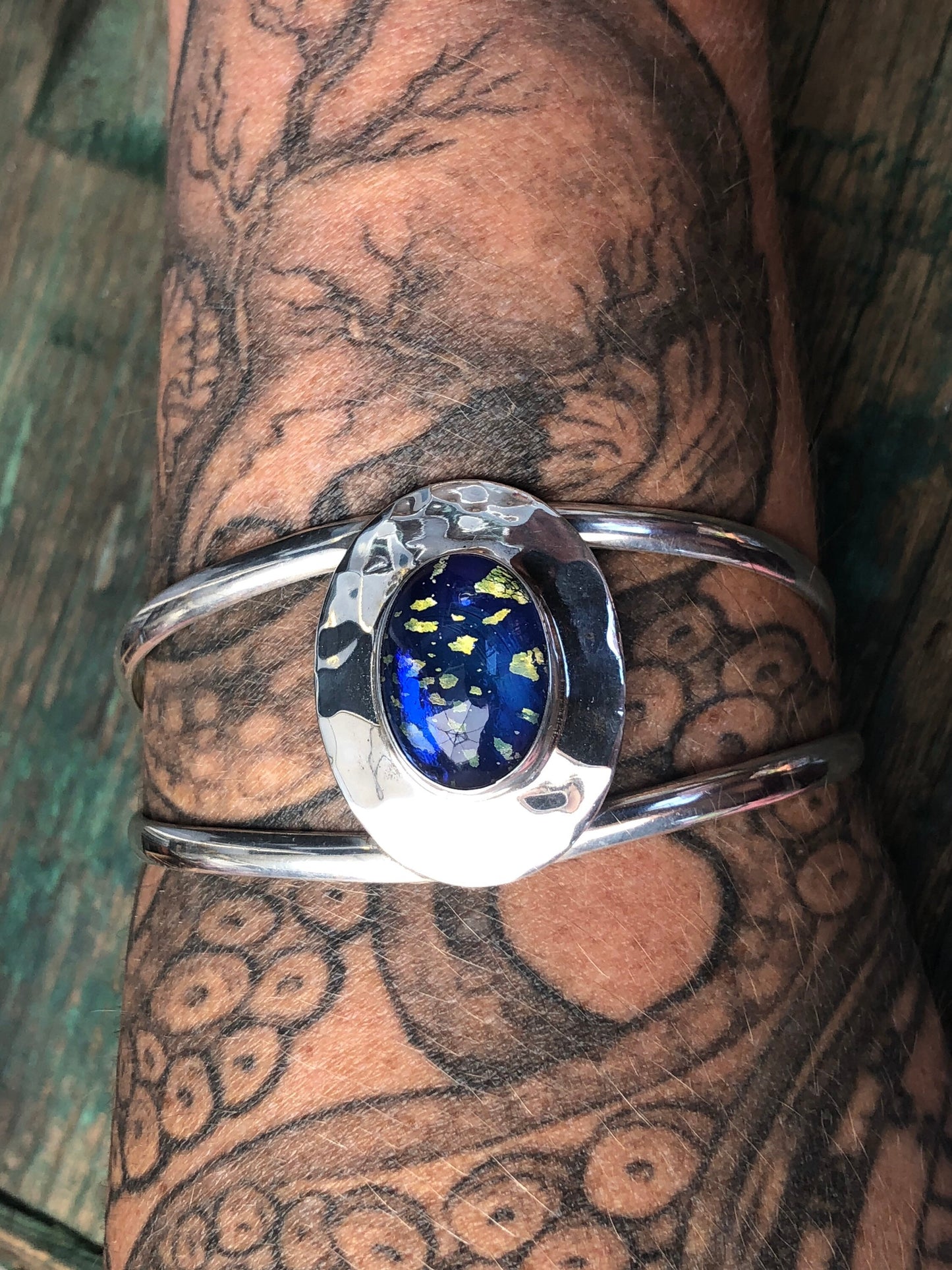Blue Dragons Breath Fire Opal Dichroic Glass Sterling Silver Hammer Finish Cuff Bracelet