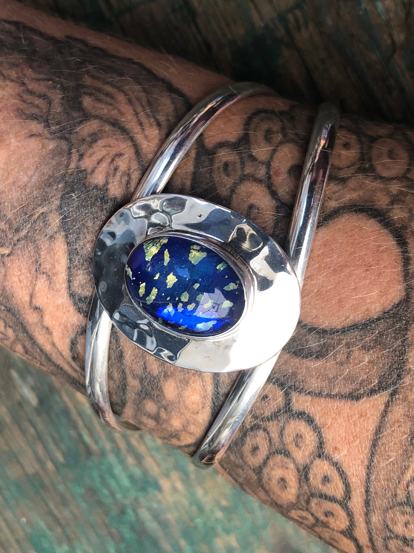 Blue Dragons Breath Fire Opal Dichroic Glass Sterling Silver Hammer Finish Cuff Bracelet