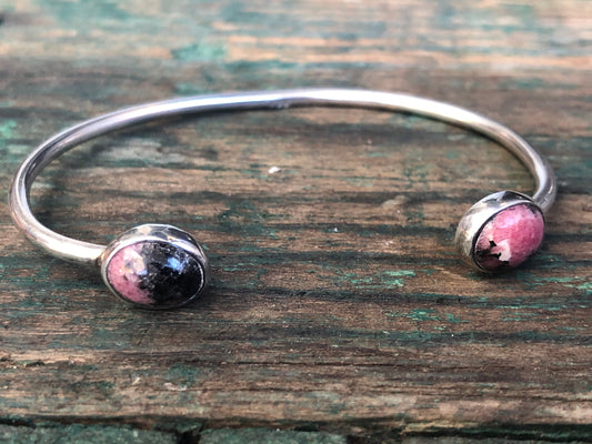 Vintage Sterling Silver Pink & Black Rhodonite Gemstone Reverse Cuff Bracelet