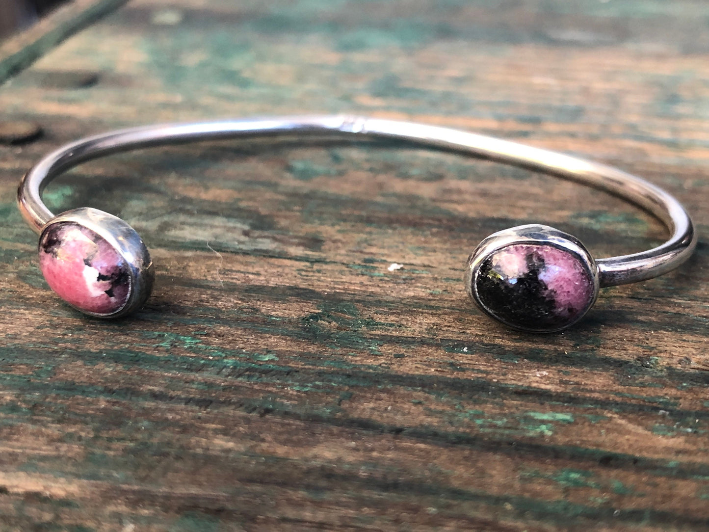 Vintage Sterling Silver Pink & Black Rhodonite Gemstone Reverse Cuff Bracelet