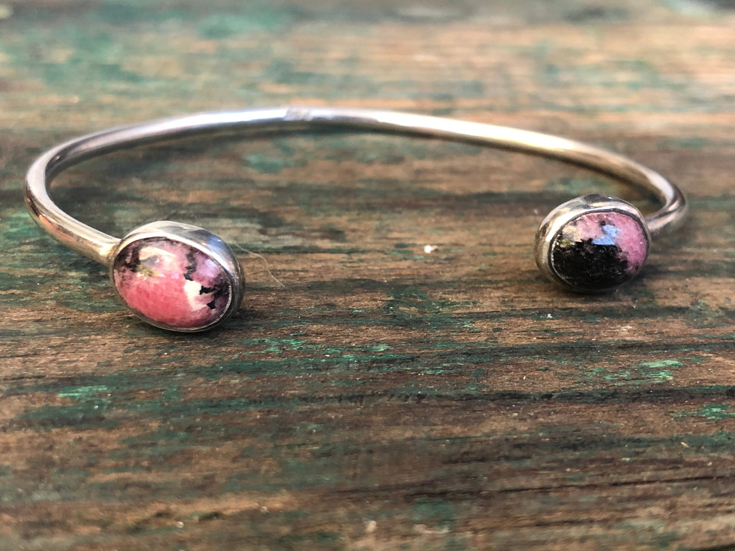Vintage Sterling Silver Pink & Black Rhodonite Gemstone Reverse Cuff Bracelet