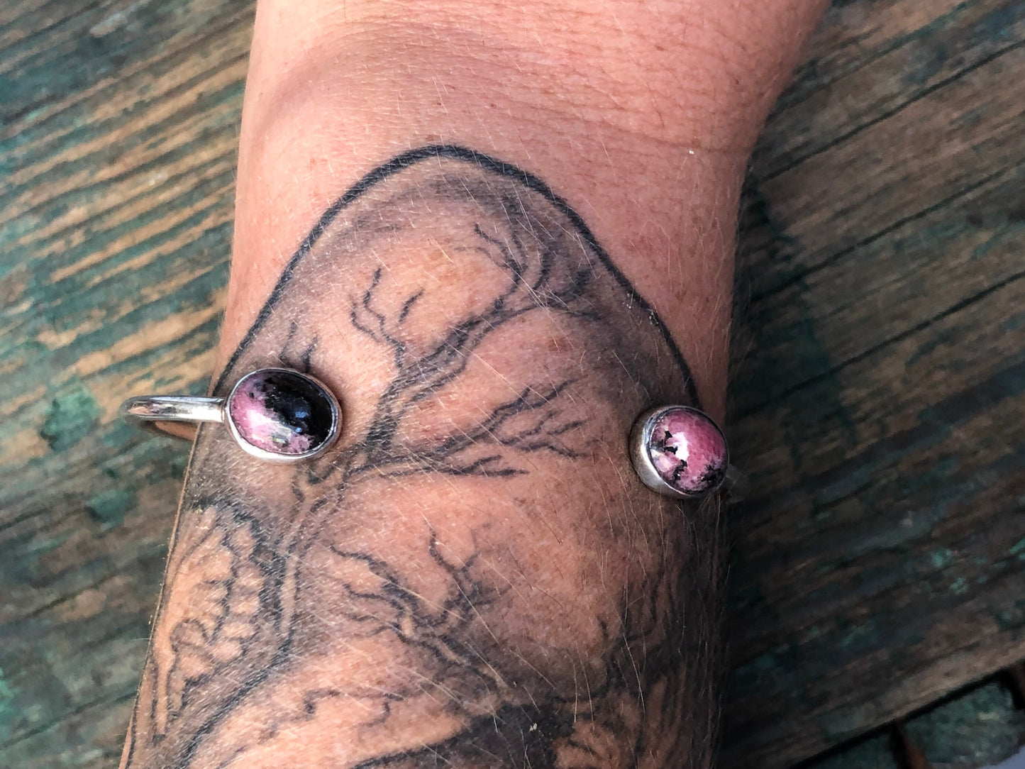 Vintage Sterling Silver Pink & Black Rhodonite Gemstone Reverse Cuff Bracelet
