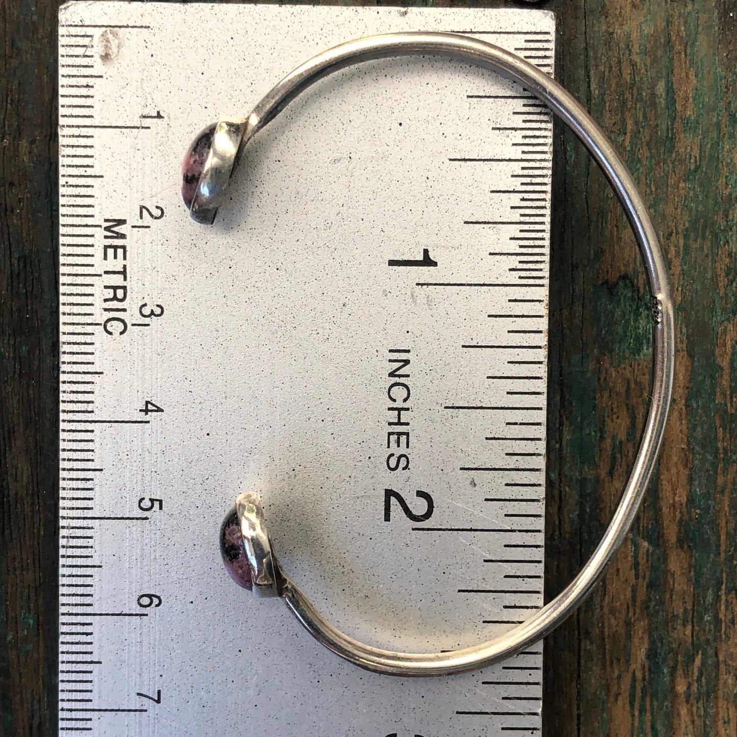 Vintage Sterling Silver Pink & Black Rhodonite Gemstone Reverse Cuff Bracelet