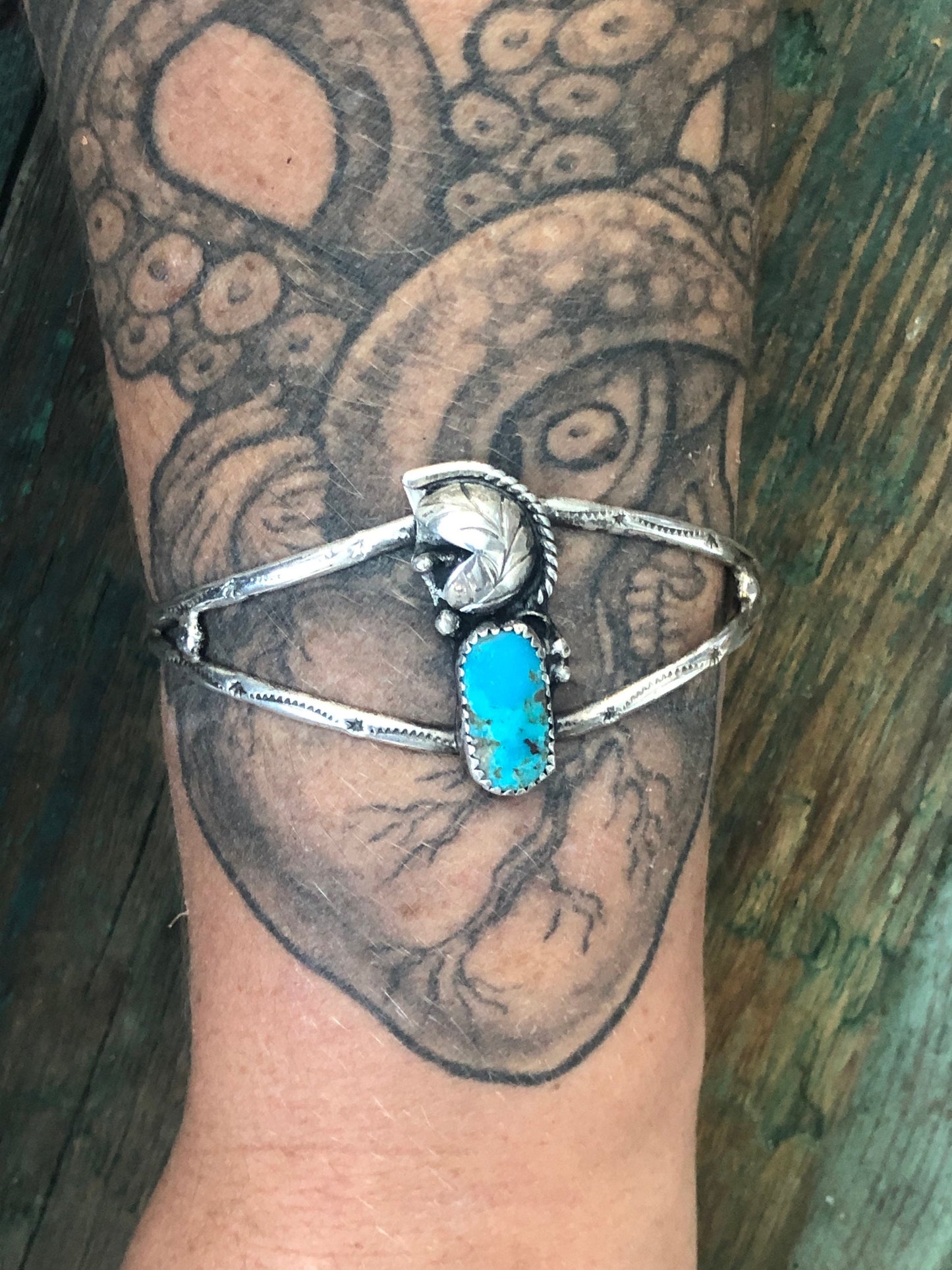 Navajo Native American Sterling Silver Turquoise Dapped Leaf Cuff Bracelet