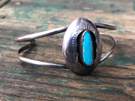 Vintage Native American Navajo Shadowbox Elongated Turquoise Sterling Silver Cuff Bracelet