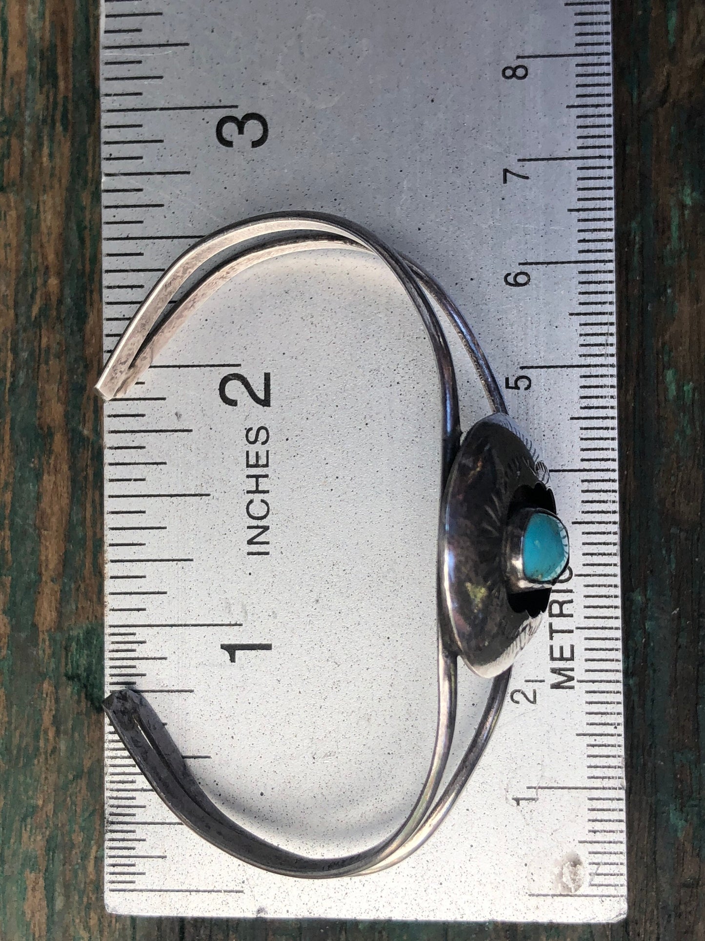 Vintage Native American Navajo Shadowbox Elongated Turquoise Sterling Silver Cuff Bracelet