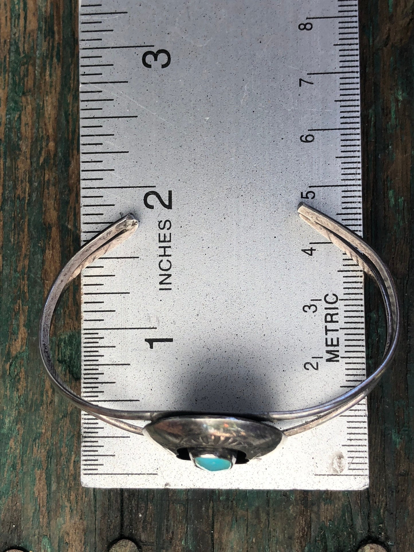 Vintage Native American Navajo Shadowbox Elongated Turquoise Sterling Silver Cuff Bracelet