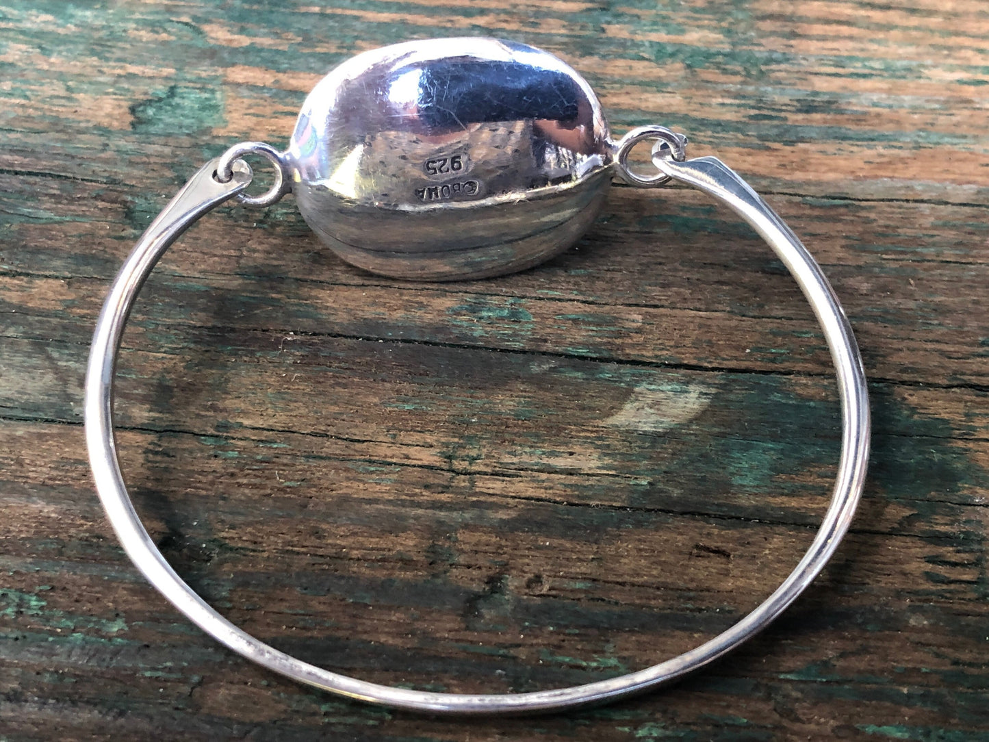 Vintage Turquoise Sterling Silver Pressure Hinged Bangle Bracelet