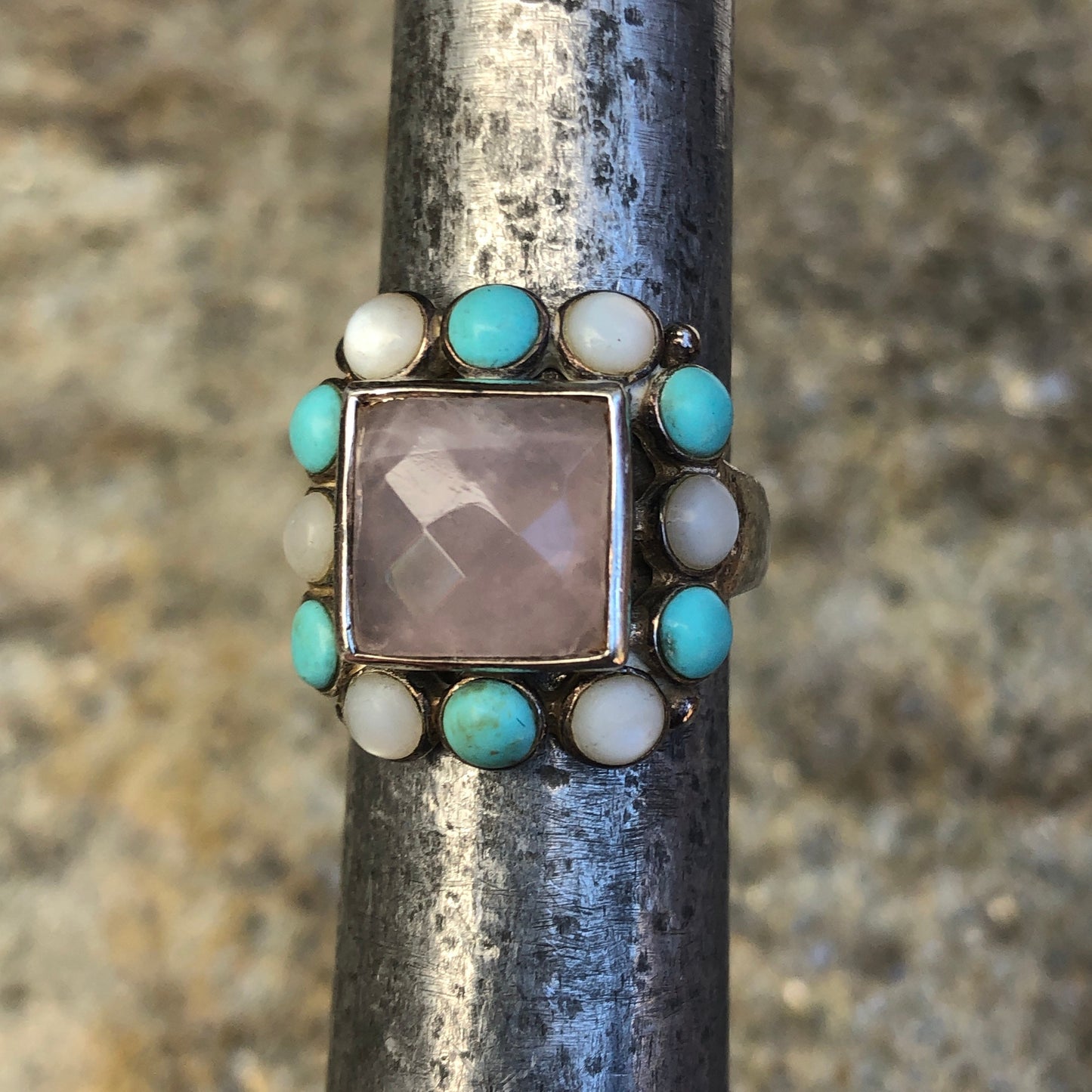 Faceted Rose Quartz Sterling Silver Turquoise & Mother of Pearl Multi Stone Modern Ring