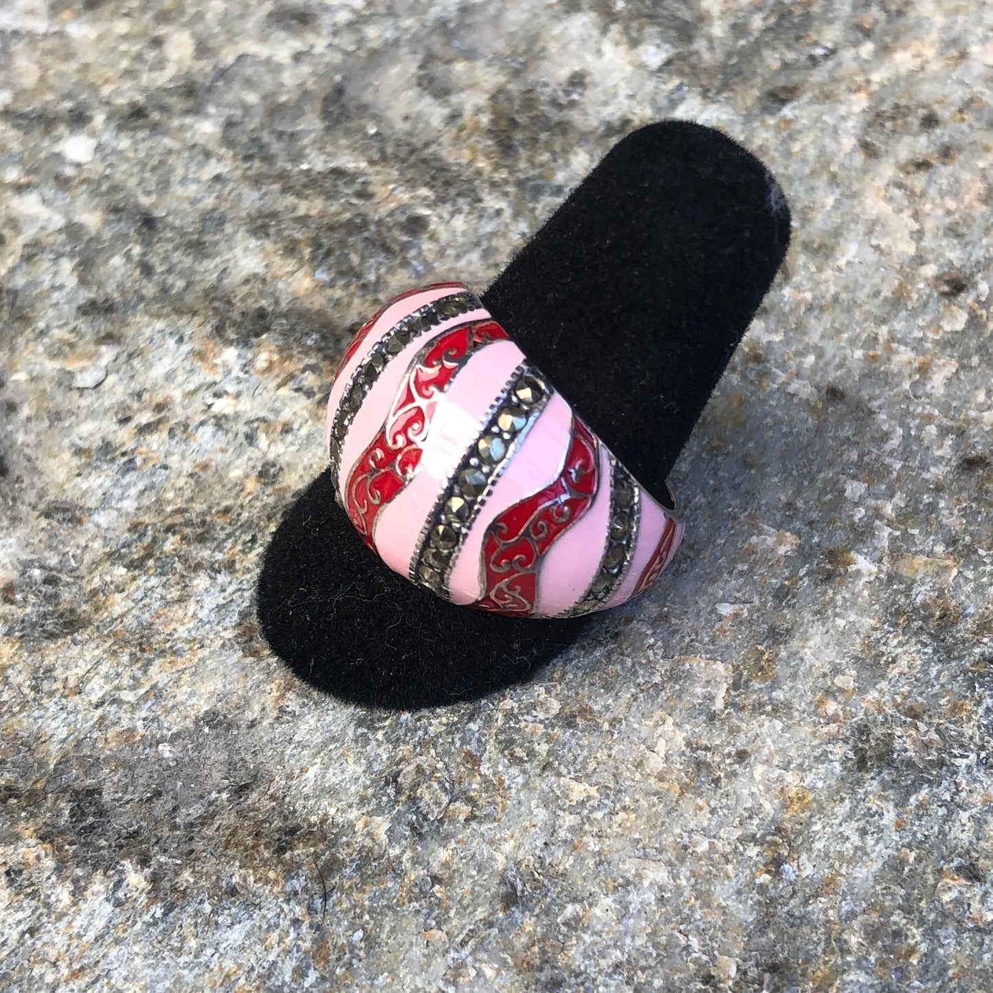Unique Sterling & Marcasite Red and Pink Enamel Wave Dome Ring
