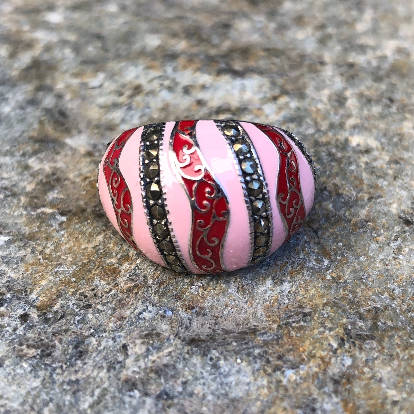 Unique Sterling & Marcasite Red and Pink Enamel Wave Dome Ring