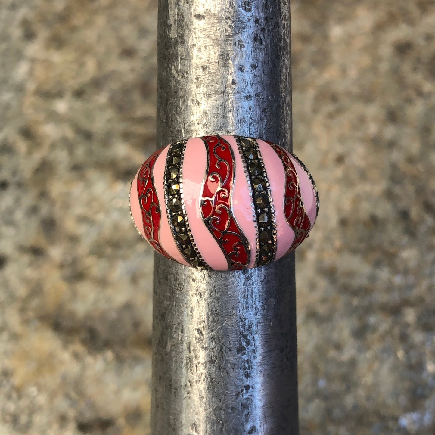 Unique Sterling & Marcasite Red and Pink Enamel Wave Dome Ring