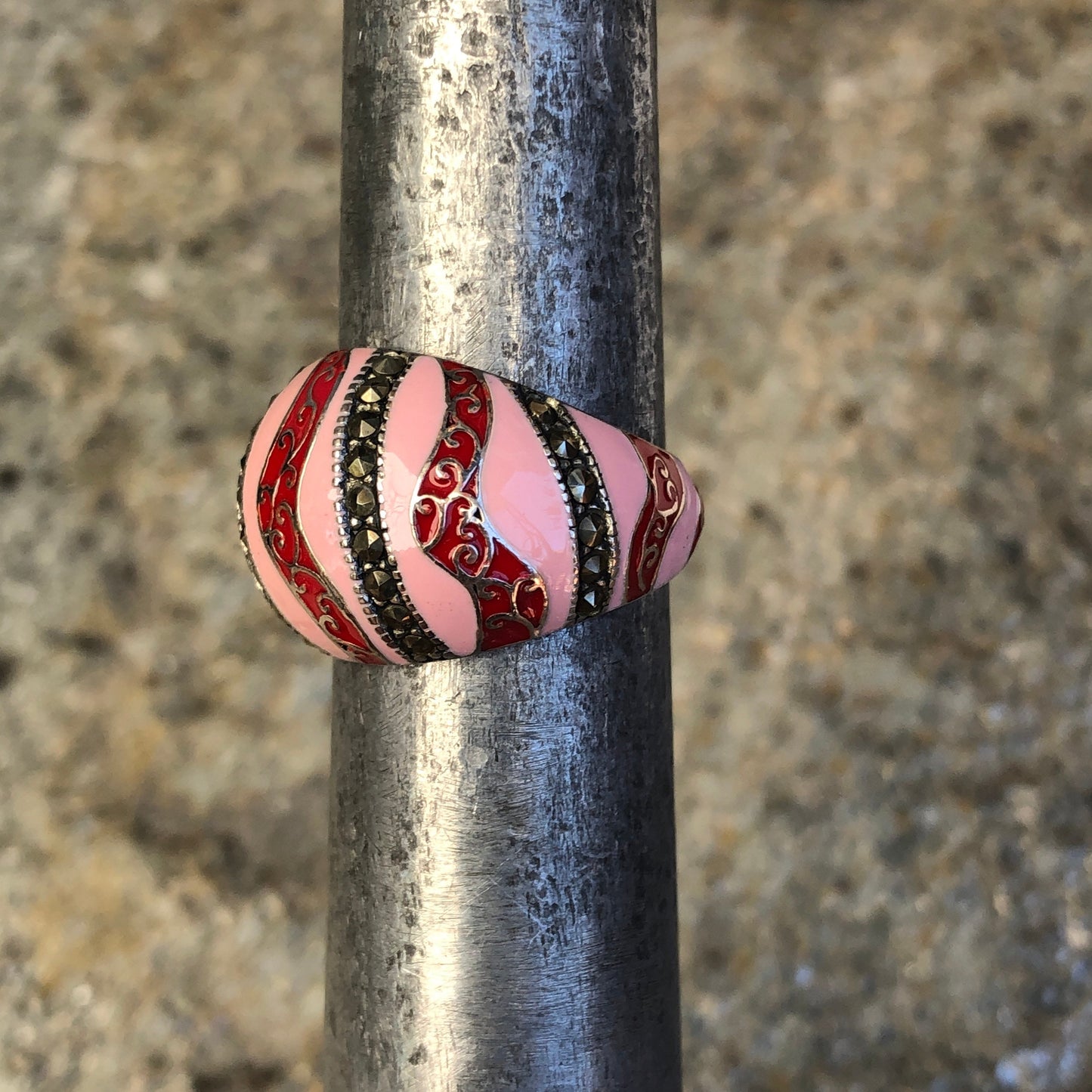 Unique Sterling & Marcasite Red and Pink Enamel Wave Dome Ring