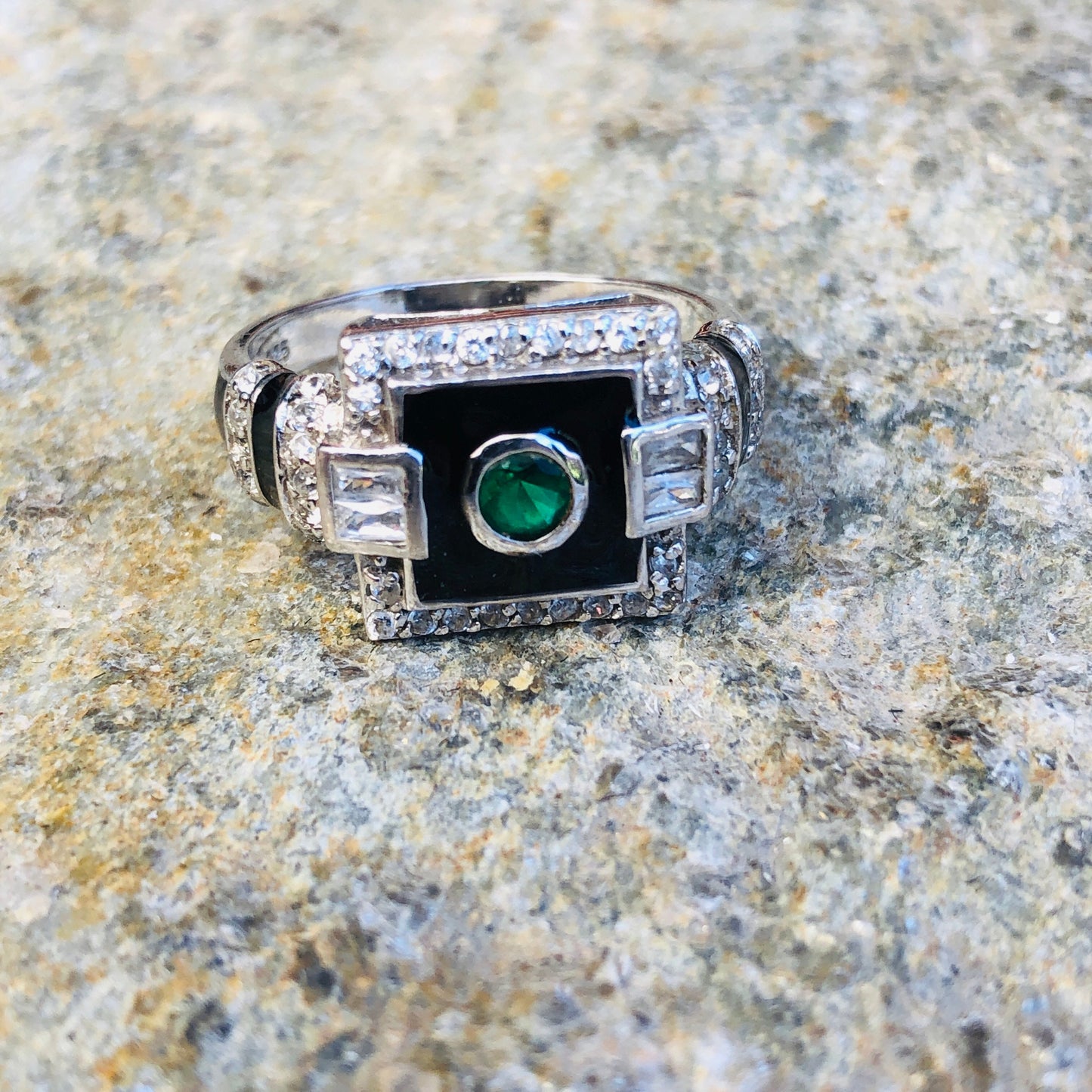Art Deco Sterling Silver, Emerald, White Topaz  Black Enamel Ring