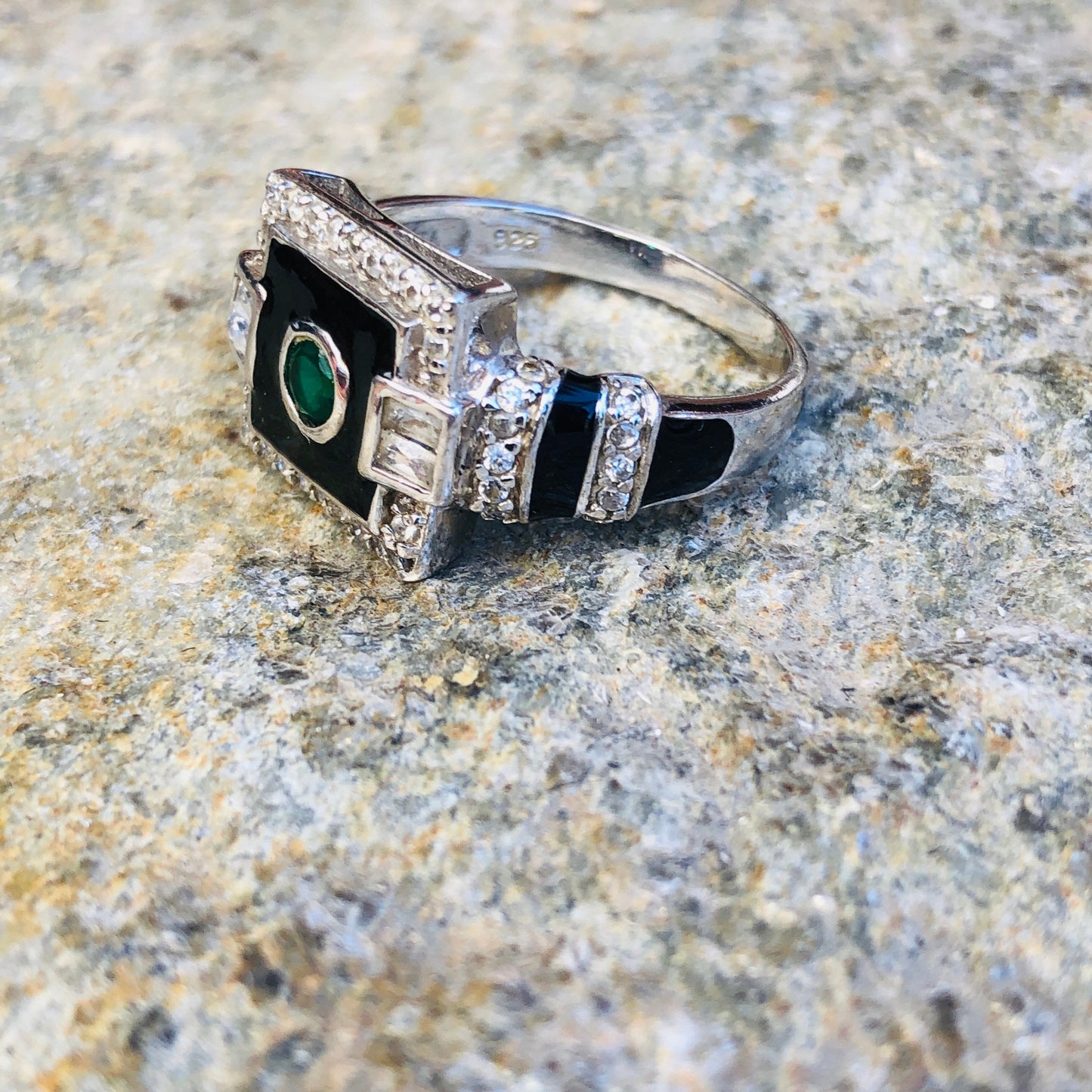Art Deco Sterling Silver, Emerald, White Topaz  Black Enamel Ring