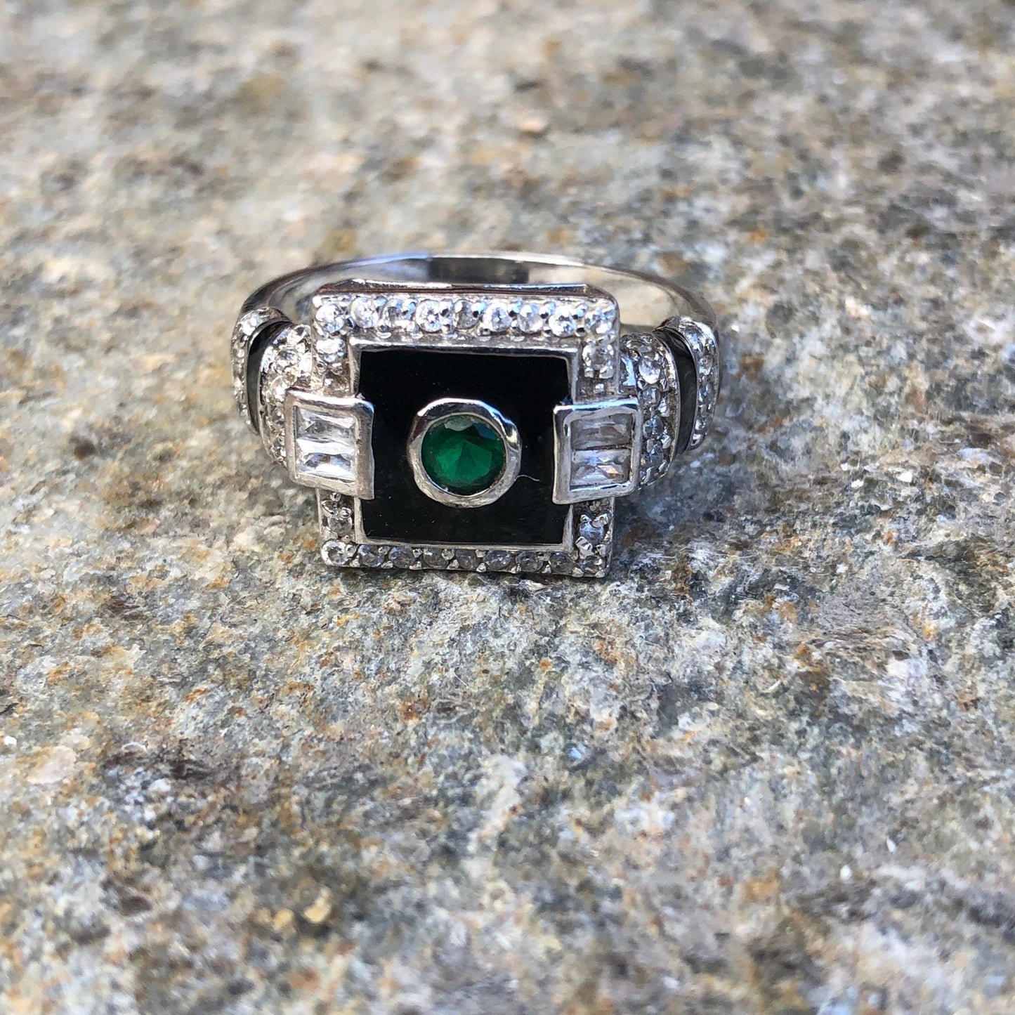 Art Deco Sterling Silver, Emerald, White Topaz  Black Enamel Ring
