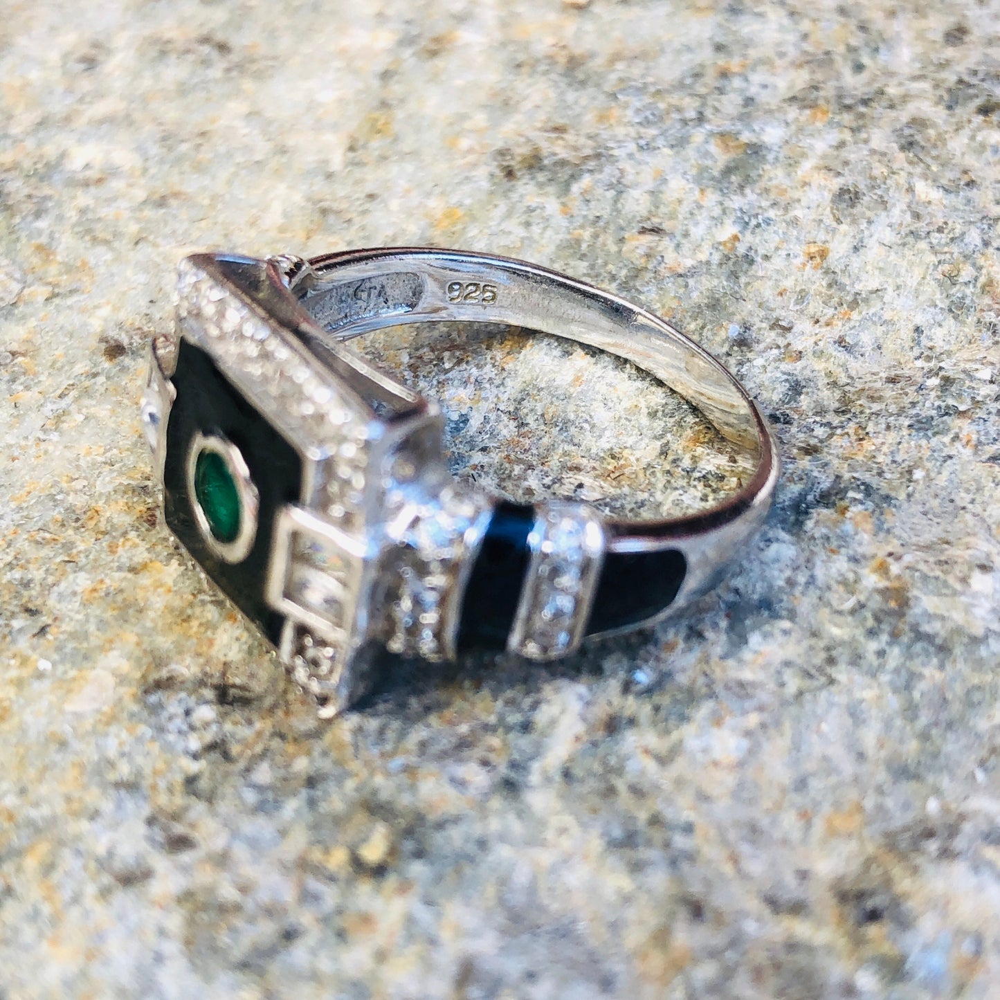 Art Deco Sterling Silver, Emerald, White Topaz  Black Enamel Ring