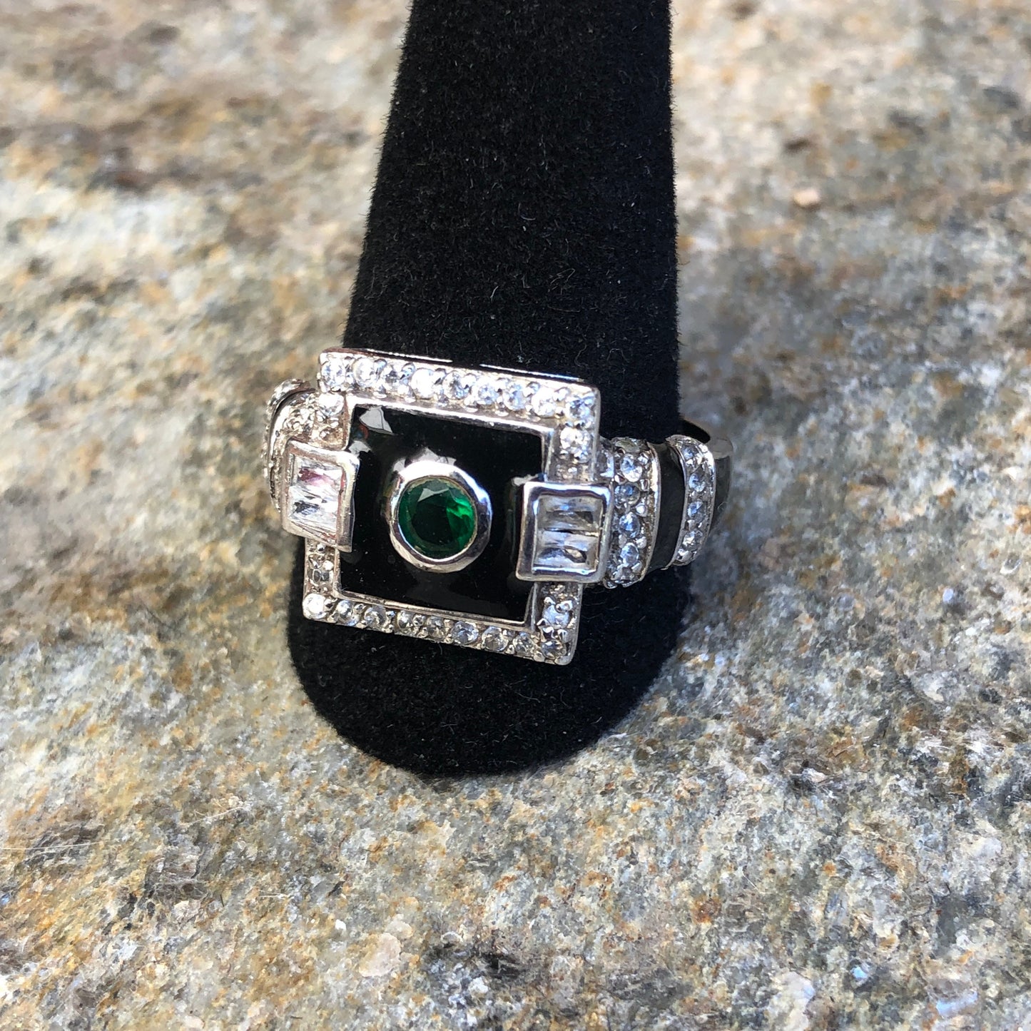 Art Deco Sterling Silver, Emerald, White Topaz  Black Enamel Ring
