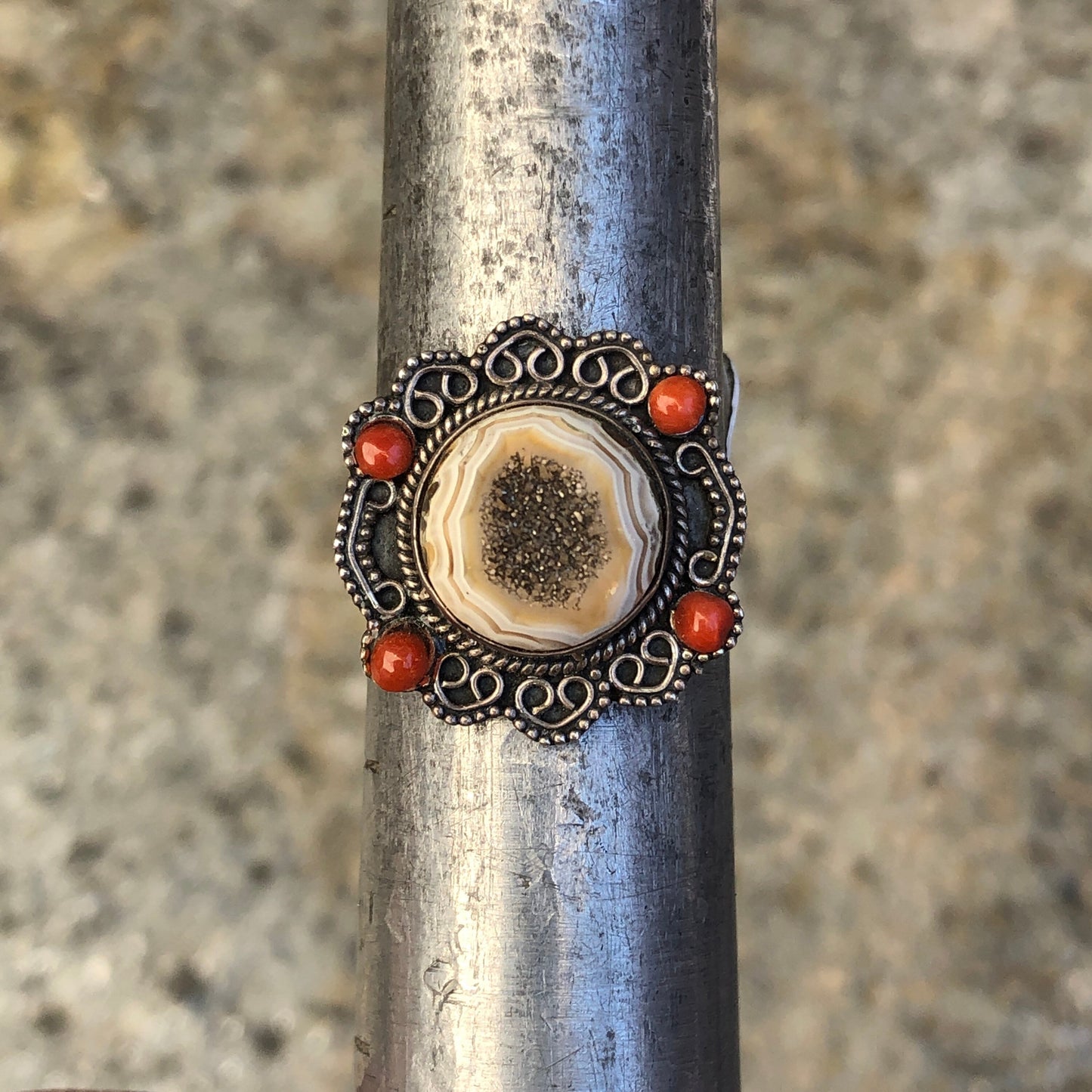 Druzy Agate & Coral Sterling Silver Ring