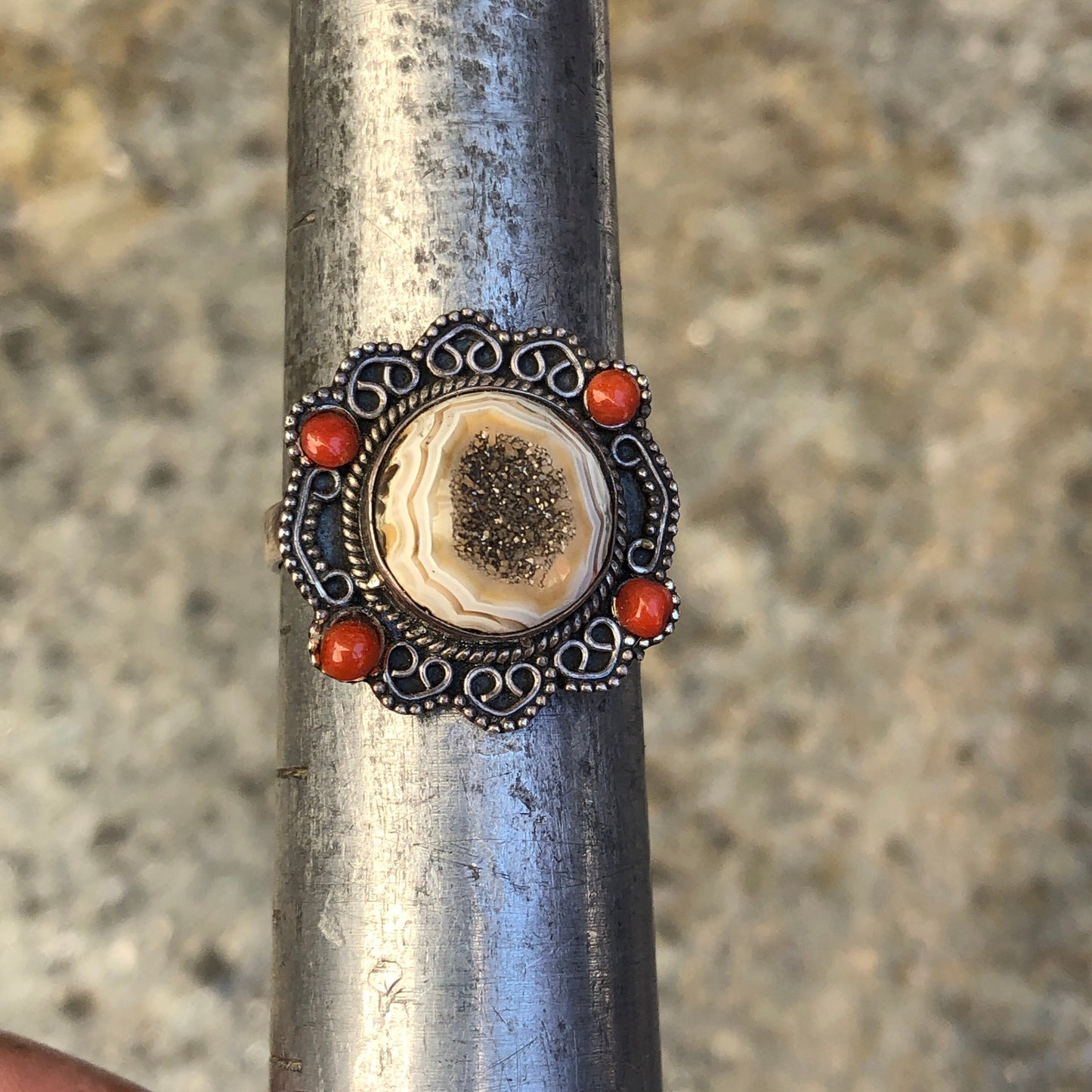 Druzy Agate & Coral Sterling Silver Ring