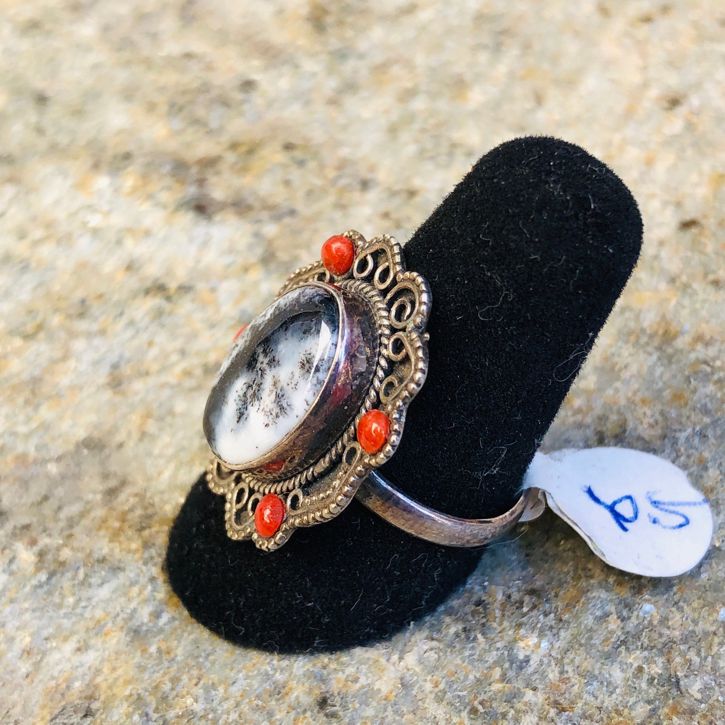 Sterling Silver Winter Dendrite Agate & Res Coral Gemstone Ring
