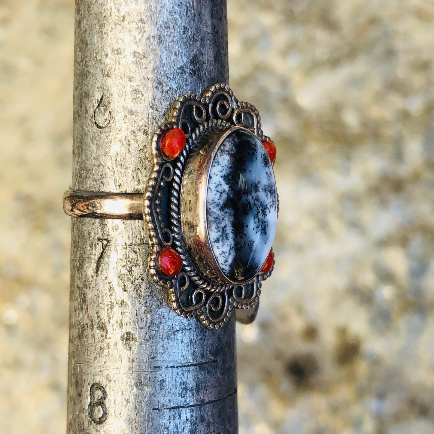 Sterling Silver Winter Dendrite Agate & Res Coral Gemstone Ring