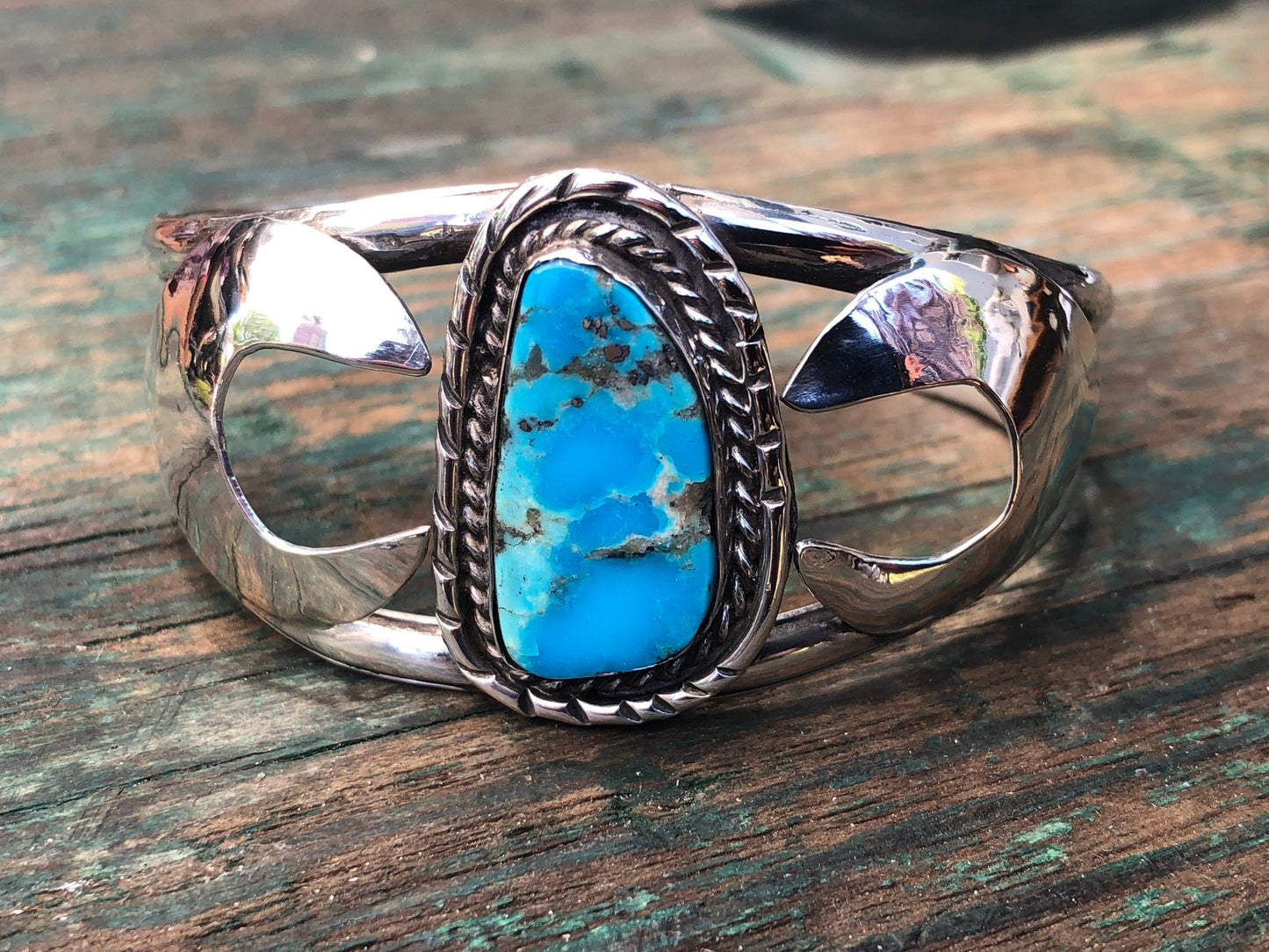 Vintage Turquoise Native American Sterling Silver Southwest Old Pawn Moon Cuff Bracelet