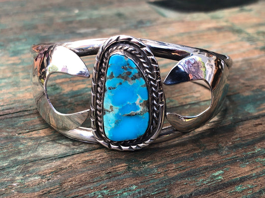 Vintage Turquoise Native American Sterling Silver Southwest Old Pawn Moon Cuff Bracelet