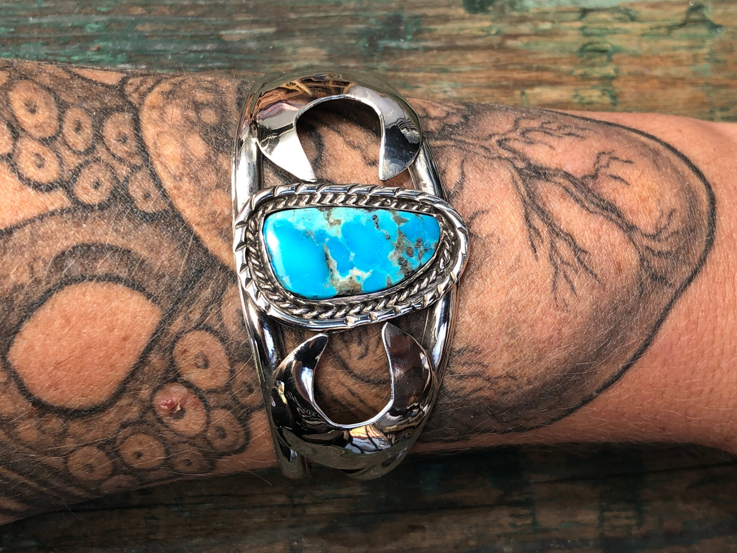 Vintage Turquoise Native American Sterling Silver Southwest Old Pawn Moon Cuff Bracelet