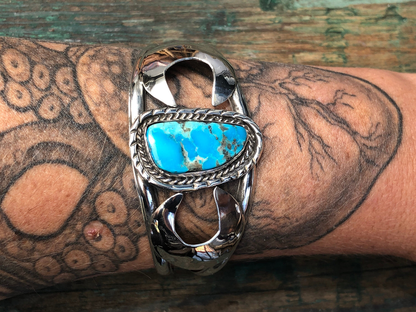 Vintage Turquoise Native American Sterling Silver Southwest Old Pawn Moon Cuff Bracelet