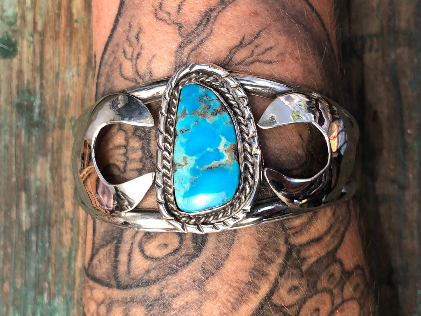 Vintage Turquoise Native American Sterling Silver Southwest Old Pawn Moon Cuff Bracelet