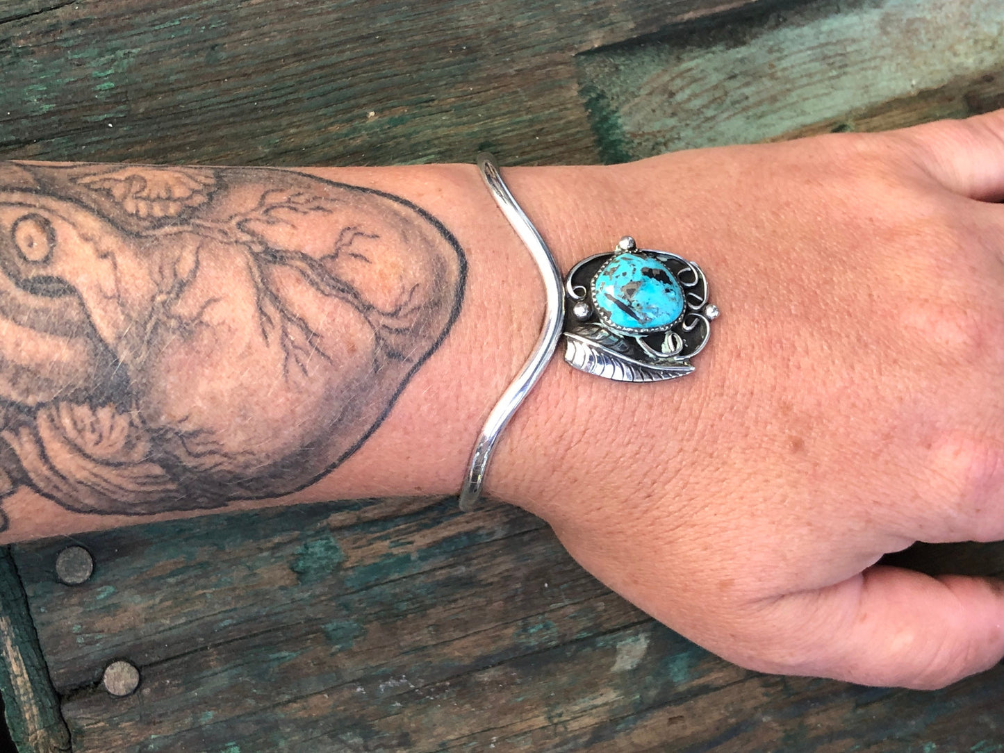Unique Chevron Native American Sterling Silver Turquoise Cuff Bracelet