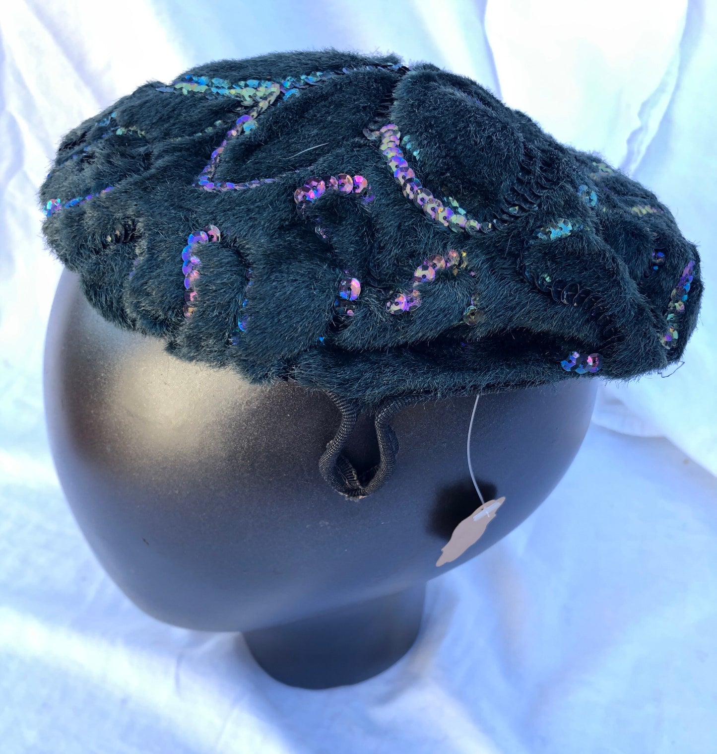 Hunter Green Fuzzy Fascinator Mini Hat with Aurora Borealis Rainbow Sequin Pattern