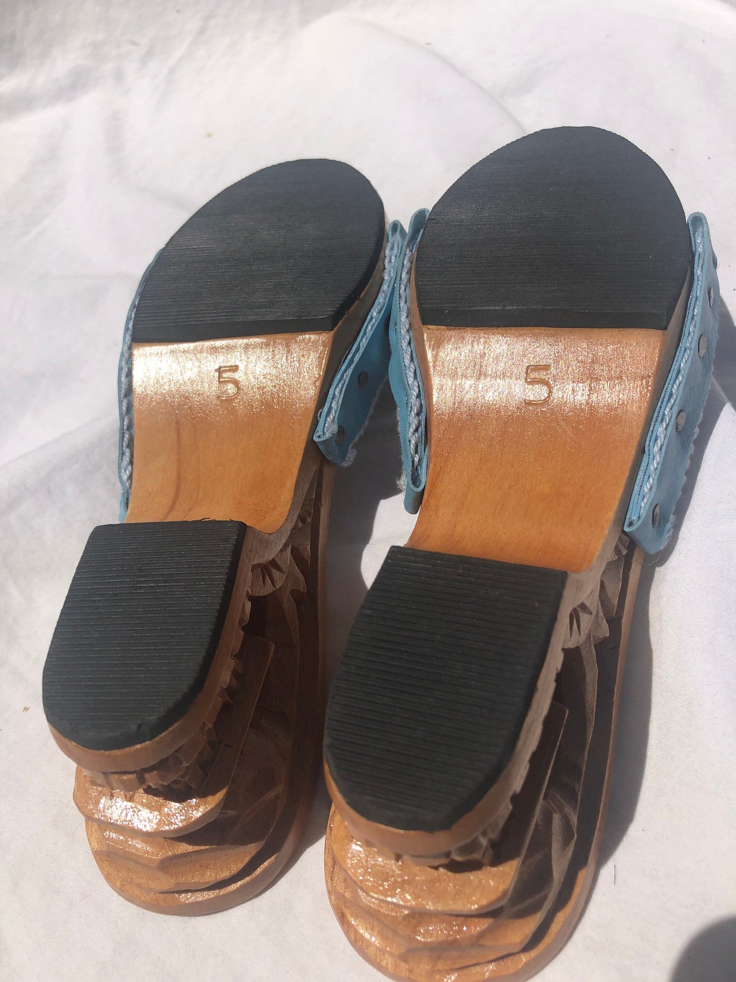 Vintage Carved Bamboo Pagoda Heel Wedges with Light Blue Knit Slides Size 5