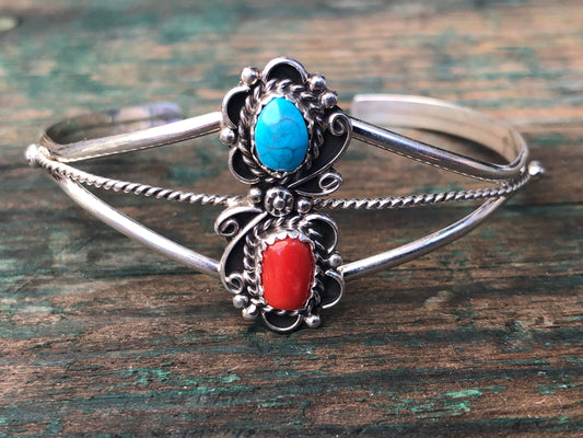 Vintage Native American Sterling Silver Turquoise & Red Coral Cuff Bracelet