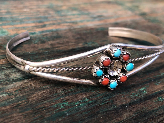 Zuni Native American Petit Point Sterling Turquoise & Red Coral Flower Cuff