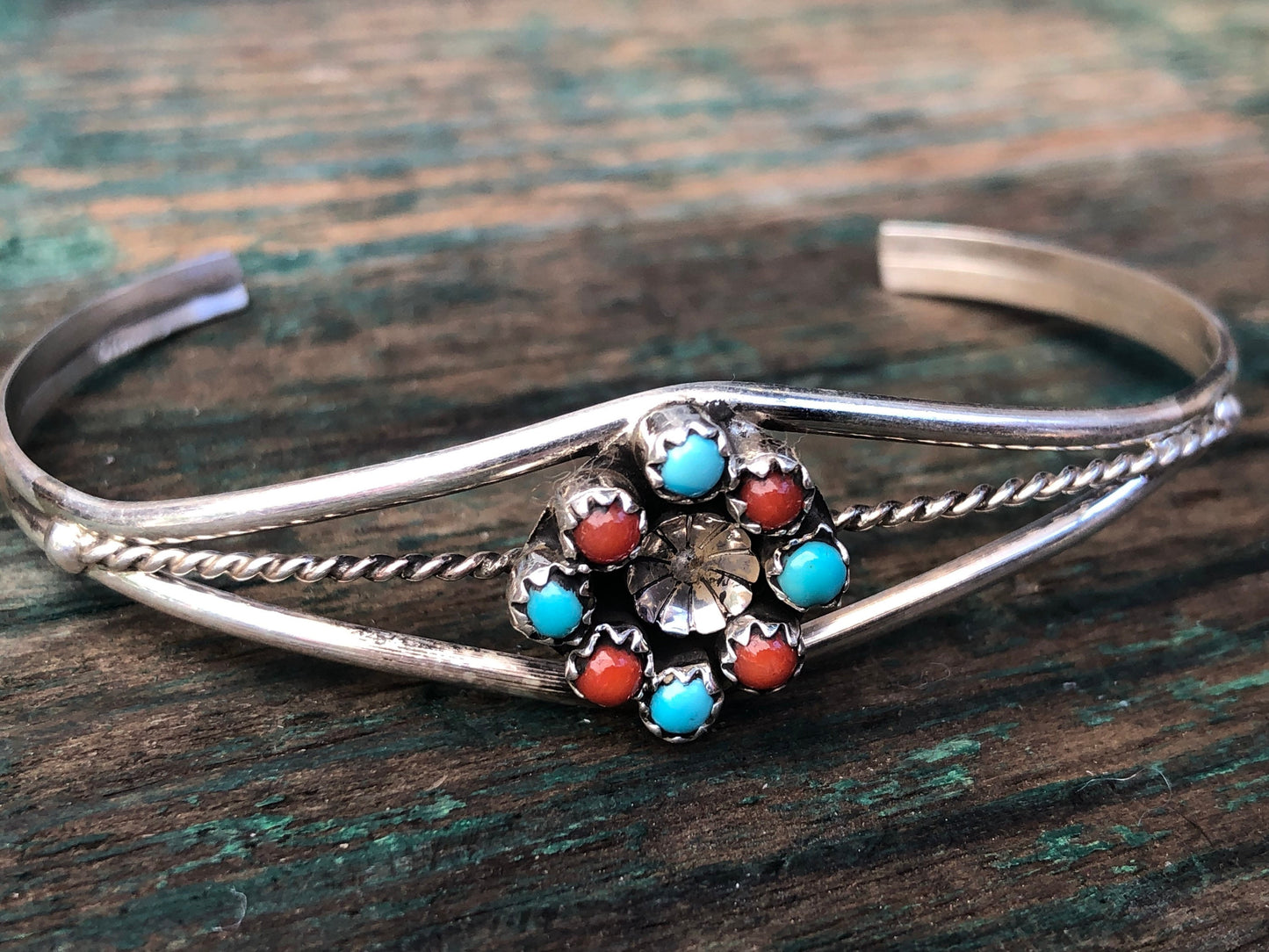 Zuni Native American Petit Point Sterling Turquoise & Red Coral Flower Cuff
