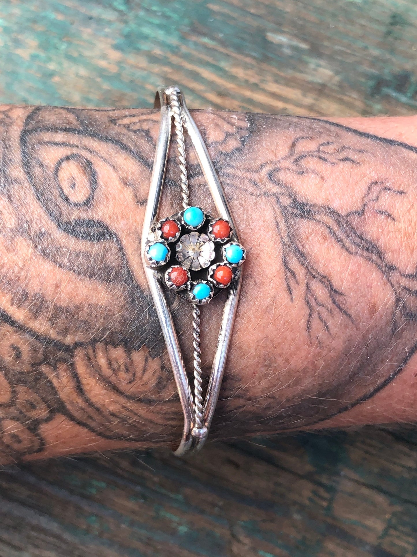 Zuni Native American Petit Point Sterling Turquoise & Red Coral Flower Cuff